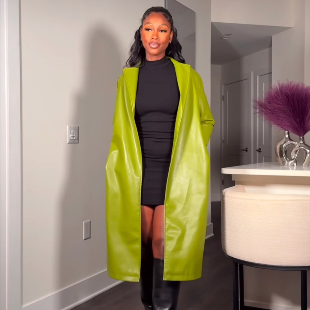 Olive Women's Casual Lapel Open Front Pu Faux Leather Long Trench Coat with Belt